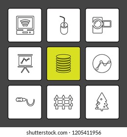 Set of 9 icons, for web, internet, mobile apps, interface design: business, finance, shopping, communication, fitness, computer, media, transportation, travel, easter, christmas, summer, device