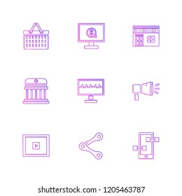 Set of 9 icons, for web, internet, mobile apps, interface design: business, finance, shopping, communication, fitness, computer, media, transportation, travel, easter, christmas, summer, device