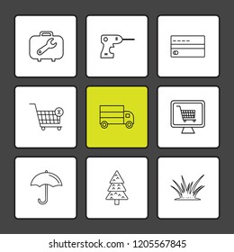 Set of 9 icons, for web, internet, mobile apps, interface design: business, finance, shopping, communication, fitness, computer, media, transportation, travel, easter, christmas, summer, device