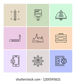 Set of 9 icons, for web, internet, mobile apps, interface design: business, finance, shopping, communication, fitness, computer, media, transportation, travel, easter, christmas, summer, device