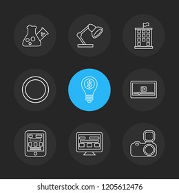 Set of 9 icons, for web, internet, mobile apps, interface design: business, finance, shopping, communication, fitness, computer, media, transportation, travel, easter, christmas, summer, device