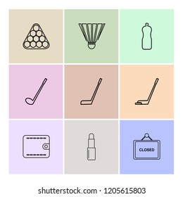 Set of 9 icons, for web, internet, mobile apps, interface design: business, finance, shopping, communication, fitness, computer, media, transportation, travel, easter, christmas, summer, device