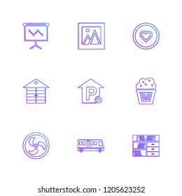 Set of 9 icons, for web, internet, mobile apps, interface design: business, finance, shopping, communication, fitness, computer, media, transportation, travel, easter, christmas, summer, device