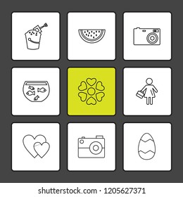 Set of 9 icons, for web, internet, mobile apps, interface design: business, finance, shopping, communication, fitness, computer, media, transportation, travel, easter, christmas, summer, device