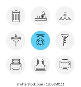 Set of 9 icons, for web, internet, mobile apps, interface design: business, finance, shopping, communication, fitness, computer, media, transportation, travel, summer, device