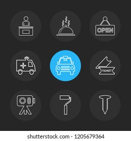 Set of 9 icons, for web, internet, mobile apps, interface design: business, finance, shopping, communication, fitness, computer, media, transportation, travel, easter, christmas, summer, device