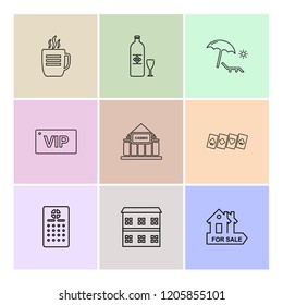 Set of 9 icons, for web, internet, mobile apps, interface design: business, finance, shopping, communication, fitness, computer, media, transportation, travel, easter, christmas, summer, device