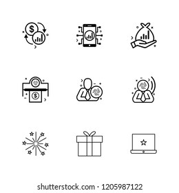 Set of 9 icons, for web, internet, mobile apps, interface design: business, finance, shopping, communication, fitness, computer, media, transportation, travel, easter, christmas, summer, device