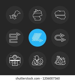 Set of 9 icons, for web, internet, mobile apps, interface design: business, finance, shopping, communication, fitness, computer, media, transportation, travel, easter, christmas, summer, device