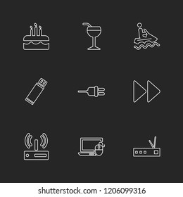 Set of 9 icons, for web, internet, mobile apps, interface design: business, finance, shopping, communication, fitness, computer, media, transportation, travel, easter, christmas, summer, device