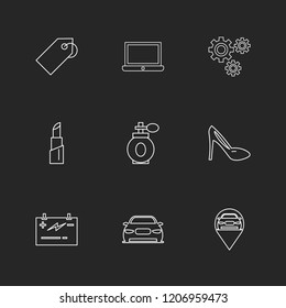 Set of 9 icons, for web, internet, mobile apps, interface design: business, finance, shopping, communication, fitness, computer, media, transportation, travel, easter, christmas, summer, device