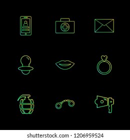 Set of 9 icons, for web, internet, mobile apps, interface design: business, finance, shopping, communication, fitness, computer, media, transportation, travel, easter, christmas, summer, device