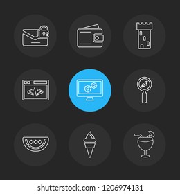 Set of 9 icons, for web, internet, mobile apps, interface design: business, finance, shopping, communication, fitness, computer, media, transportation, travel, easter, christmas, summer, device