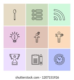 Set of 9 icons, for web, internet, mobile apps, interface design: business, finance, shopping, communication, fitness, computer, media, transportation, travel, easter, christmas, summer, device