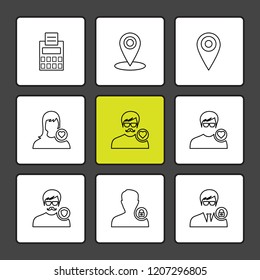Set of 9 icons, for web, internet, mobile apps, interface design: business, finance, shopping, communication, fitness, computer, media, transportation, travel, easter, christmas, summer, device