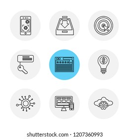 Set of 9 icons, for web, internet, mobile apps, interface design: business, finance, shopping, communication, fitness, computer, media, transportation, travel, easter, christmas, summer, device