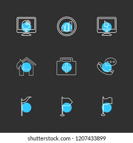 Set of 9 icons, for web, internet, mobile apps, interface design: business, finance, shopping, communication, fitness, computer, media, transportation, travel, easter, christmas, summer, device