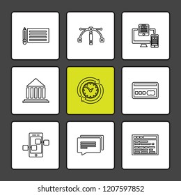Set of 9 icons, for web, internet, mobile apps, interface design: business, finance, shopping, communication, fitness, computer, media, transportation, travel, easter, christmas, summer, device