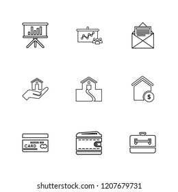 Set of 9 icons, for web, internet, mobile apps, interface design: business, finance, shopping, communication, fitness, computer, media, transportation, travel, easter, christmas, summer, device