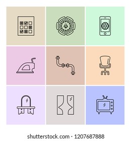 Set of 9 icons, for web, internet, mobile apps, interface design: business, finance, shopping, communication, fitness, computer, media, transportation, travel, easter, christmas, summer, device