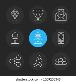 Set of 9 icons, for web, internet, mobile apps, interface design: business, finance, shopping, communication, fitness, computer, media, transportation, travel, easter, christmas, summer, device