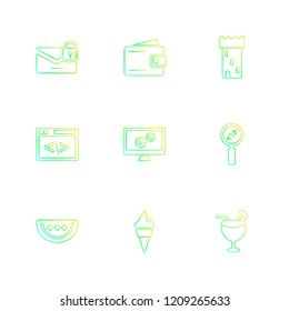 Set of 9 icons, for web, internet, mobile apps, interface design: business, finance, shopping, communication, fitness, computer, media, transportation, travel, easter, christmas, summer, device