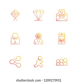 Set of 9 icons, for web, internet, mobile apps, interface design: business, finance, shopping, communication, fitness, computer, media, transportation, travel, easter, christmas, summer, device