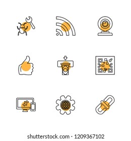 Set of 9 icons, for web, internet, mobile apps, interface design: business, finance, shopping, communication, fitness, computer, media, transportation, travel, easter, christmas, summer, device