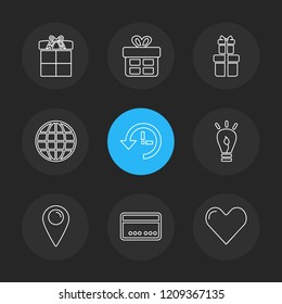 Set of 9 icons, for web, internet, mobile apps, interface design: business, finance, shopping, communication, fitness, computer, media, transportation, travel, easter, christmas, summer, device