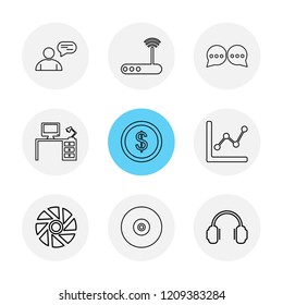 Set of 9 icons, for web, internet, mobile apps, interface design: business, finance, shopping, communication, fitness, computer, media, transportation, travel, easter, christmas, summer, device