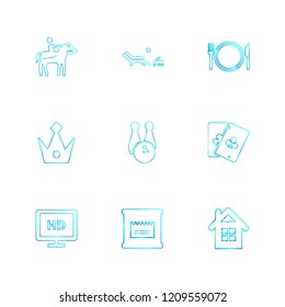 Set of 9 icons, for web, internet, mobile apps, interface design: business, finance, shopping, communication, fitness, computer, media, transportation, travel, summer, device