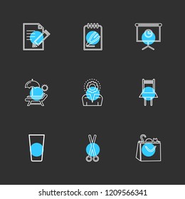 Set of 9 icons, for web, internet, mobile apps, interface design: business, finance, shopping, communication, fitness, computer, media, travel, summer, device