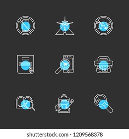 Set of 9 icons, for web, internet, mobile apps, interface design: business, finance, shopping, communication, fitness, computer, media, transportation, travel, summer, device
