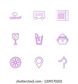 Set of 9 icons, for web, internet, mobile apps, interface design: business, finance, shopping, communication, computer, media, transportation, travel, summer, device