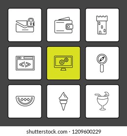 Set of 9 icons, for web, internet, mobile apps, interface design: business, finance, shopping, communication, fitness, computer, media, transportation, travel, easter, christmas, summer, device