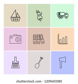 Set of 9 icons, for web, internet, mobile apps, interface design: business, finance, shopping, communication, fitness, computer, media, transportation, travel, easter, christmas, summer, device
