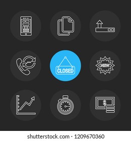 Set of 9 icons, for web, internet, mobile apps, interface design: business, finance, shopping, communication, fitness, computer, media, transportation, travel, easter, christmas, summer, device