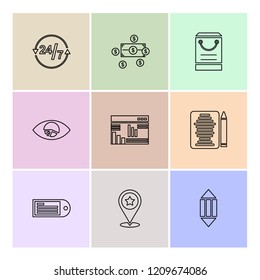 Set of 9 icons, for web, internet, mobile apps, interface design: business, finance, shopping, communication, fitness, computer, media, transportation, travel, easter, christmas, summer, device