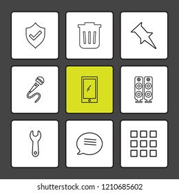 Set of 9 icons, for web, internet, mobile apps, interface design: business, finance, shopping, communication, fitness, computer, media, transportation, travel, easter, christmas, summer, device