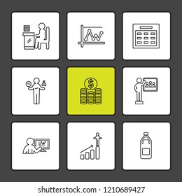 Set of 9 icons, for web, internet, mobile apps, interface design: business, finance, shopping, communication, fitness, computer, media, transportation, travel, easter, christmas, summer, device