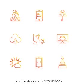 Set of 9 icons, for web, internet, mobile apps, interface design: business, finance, shopping, communication, fitness, computer, media, transportation, travel, easter, christmas, summer, device