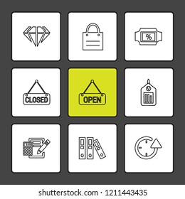 Set of 9 icons, for web, internet, mobile apps, interface design: business, finance, shopping, communication, fitness, computer, media, transportation, travel, easter, christmas, summer, device