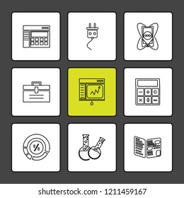Set of 9 icons, for web, internet, mobile apps, interface design: business, finance, shopping, communication, fitness, computer, media, transportation, travel, easter, christmas, summer, device