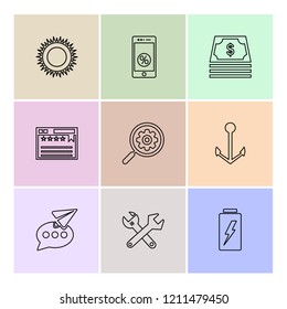 Set of 9 icons, for web, internet, mobile apps, interface design: business, finance, shopping, communication, fitness, computer, media, transportation, travel, easter, christmas, summer, device