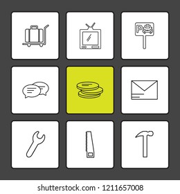 Set of 9 icons, for web, internet, mobile apps, interface design: business, finance, shopping, communication, fitness, computer, media, transportation, travel, easter, christmas, summer, device