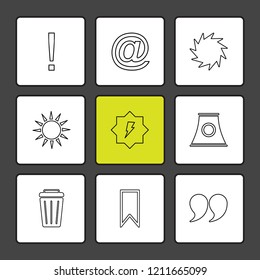 Set of 9 icons, for web, internet, mobile apps, interface design: business, finance, shopping, communication, fitness, computer, media, transportation, travel, easter, christmas, summer, device