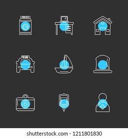 Set of 9 icons, for web, internet, mobile apps, interface design: business, finance, shopping, communication, fitness, computer, media, transportation, travel, easter, christmas, summer, device