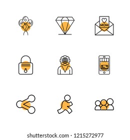 Set of 9 icons, for web, internet, mobile apps, interface design: business, finance, shopping, communication, fitness, computer, media, transportation, travel, easter, christmas, summer, device