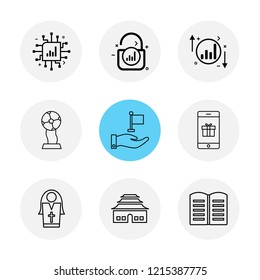 Set of 9 icons, for web, internet, mobile apps, interface design: business, finance, shopping, communication, fitness, computer, media, transportation, travel, easter, christmas, summer, device
