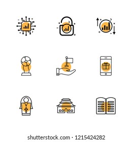 Set of 9 icons, for web, internet, mobile apps, interface design: business, finance, shopping, communication, fitness, computer, media, transportation, travel, easter, christmas, summer, device